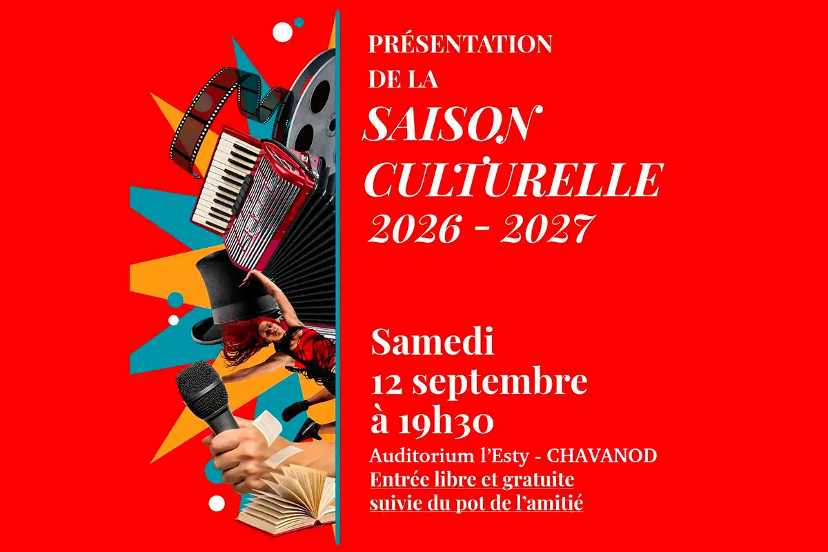 Affiche annonçant la présentation de la saison culturelle 2026-2027 à Chavanod, le 12 septembre à 19h30